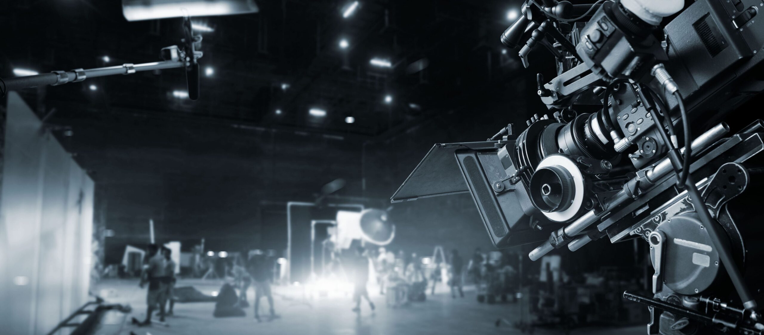 Behind The Scenes Of Making Of Movie And TV Commercial Film Crew B Roll Camera Of Movie And Video Production And Crew Team In Studio And Set Black And White 